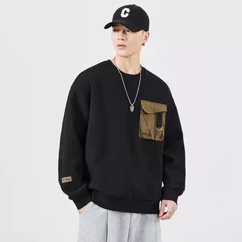 Осенний вафельный круглый вырез черный свитер мужской свободный большой размер одежда американский повседневный хулиган красивый топ модный бренд M чёрный