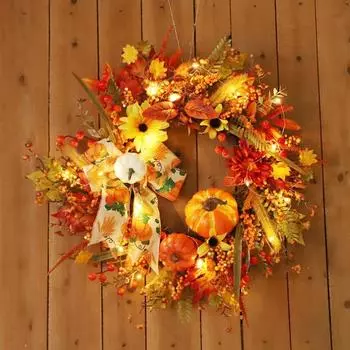 Осенний венок для входной двери, 20-дюймовый осенний венок с подсветкой, искусственный венок из тыквенных ягод для Fall Wreaths With lights