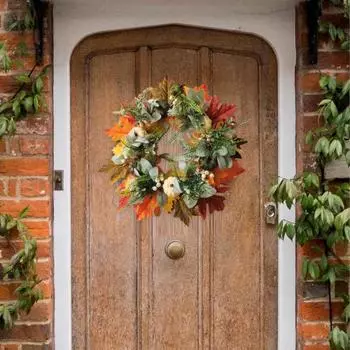Осенний венок для входной двери. Осенний венок в деревенском стиле с искусственным кленовым листом из тыквы. S