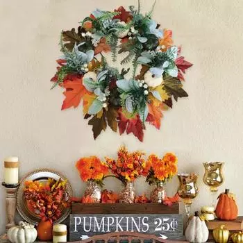 Осенний венок для входной двери. Осенний венок в деревенском стиле с искусственной тыквой, кленовым листом и ягодами. Простой в уходе венок из тыквы для праздника урожая. S