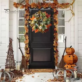 Осенний венок для входной двери. Осенний венок в деревенском стиле с искусственной тыквой, кленовым листом и ягодами. Простой в уходе венок из тыквы для праздника урожая. S