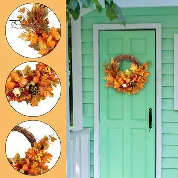 Осенний венок для входной двери. Осенний венок ручной работы с искусственными цветами, тыквенными кленовыми листьями. Украшение стены окна фермерского дома на День благодарения. F
