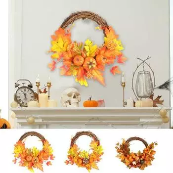 Осенний венок для входной двери. Осенний венок ручной работы с искусственными цветами, тыквенными кленовыми листьями. Украшение стены окна фермерского дома на День благодарения.