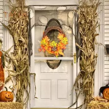 Осенний венок для входной двери. Осенний венок ручной работы с искусственными цветами, тыквенными кленовыми листьями. Украшение стены окна фермерского дома на День благодарения. F