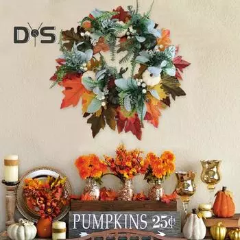Осенний венок для входной двери. Осенний венок в деревенском стиле с искусственной тыквой, кленовым листом и ягодами. Простой в уходе венок из тыквы для праздника урожая. S