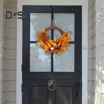Осенний венок для входной двери. Осенний венок ручной работы с искусственными цветами, тыквенными кленовыми листьями. Украшение стены окна фермерского дома на День благодарения. F