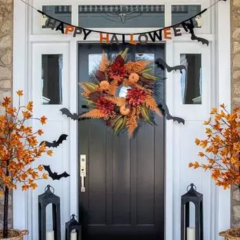 Осенний венок, искусственный венок из тыквы с листьями магнолии, георгинами, папоротниками, гирлянда на День благодарения для украшения дома, крыльца, стены, входной двери 50 cm