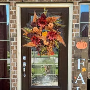 Осенний венок Искусственный венок из тыквы с листьями магнолии Георгины Папоротники Гирлянда на День благодарения 50cm