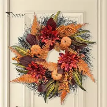 Осенний венок, искусственный венок из тыквы с листьями магнолии, георгинами, папоротниками, гирлянда на День благодарения для украшения дома, крыльца, стены, входной двери 50 cm