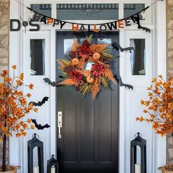 Осенний венок, искусственный венок из тыквы с листьями магнолии, георгинами, папоротниками, гирлянда на День благодарения для украшения дома, крыльца, стены, входной двери 50 cm