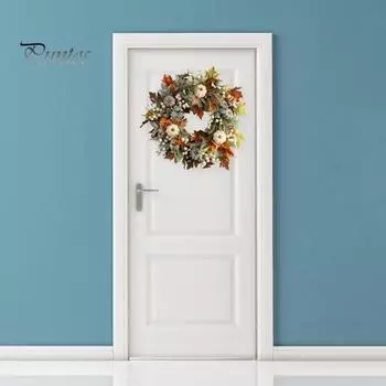 Осенний венок из тыквы для входной двери, деревенская гирлянда осеннего урожая с кленовыми листьями и ягодами, украшение на Хэллоуин и День благодарения для украшения фермерского дома 45cm