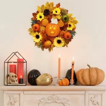 Осенний венок из тыквы на входную дверь Искусственный подсолнух Гирлянда из кленовых листьев Ручная работа Тыква Ротанг
