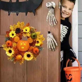 Осенний венок из тыквы, входная дверь, искусственный подсолнух, гирлянда из кленовых листьев, декор из тыквы и ротанга ручной работы для украшения осеннего урожая A