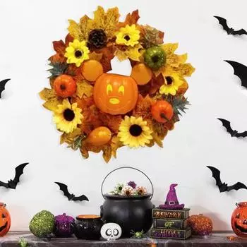 Осенний венок из тыквы, входная дверь, искусственный подсолнух, гирлянда из кленовых листьев, декор из тыквы и ротанга ручной работы для украшения осеннего урожая A