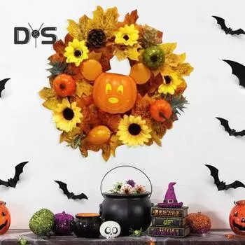 Осенний венок из тыквы, входная дверь, искусственный подсолнух, гирлянда из кленовых листьев, декор из тыквы и ротанга ручной работы для украшения осеннего урожая A