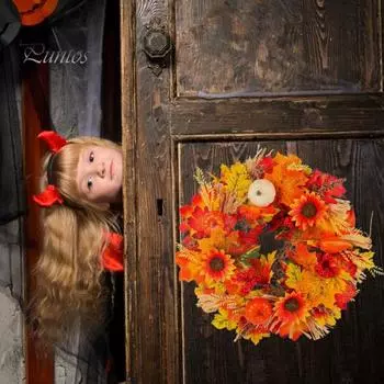 Осенний венок на День Благодарения для передней двери, осенняя кленовая гирлянда из тыквы, украшение из ротанга для дома, стены, фермерского дома, декор для праздничной вечеринки разноцветный