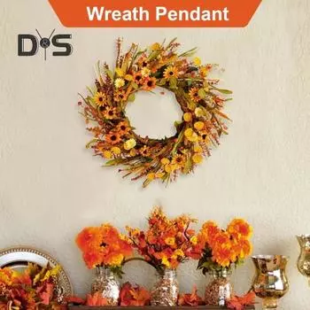 Осенний венок, подвеска для входной двери, искусственные венки с оранжевыми листьями и цветами, гирлянда в пасторальном стиле для осеннего праздника урожая, Дня благодарения 50 cm