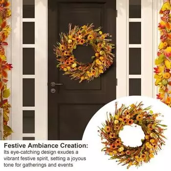 Осенний венок, подвеска для входной двери, искусственные венки с оранжевыми листьями и цветами, гирлянда в пасторальном стиле для осеннего праздника урожая, Дня благодарения 50 cm