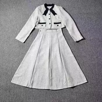Осенний винтажный элегантный комплект из 2 предметов женского платья, корейская мода, повседневные праздничные костюмы, женские шикарные топы с длинным рукавом + однотонный 2025 S серый