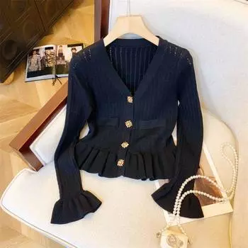 Осенний винтажный элегантный вязаный свитер, пальто, женский, на пуговицах, тонкий, Y2k, повседневный кардиган, женский, с V-образным вырезом, корейский стиль, шикарный наряд 2025 S чёрный