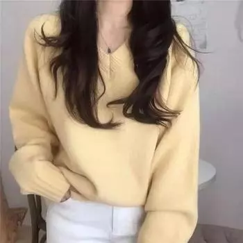 Осенний винтажный модный вязаный свитер с длинными рукавами, зимний пуловер, женские повседневные топы с v-образным вырезом, однотонная одежда 29898 One Size коричневый