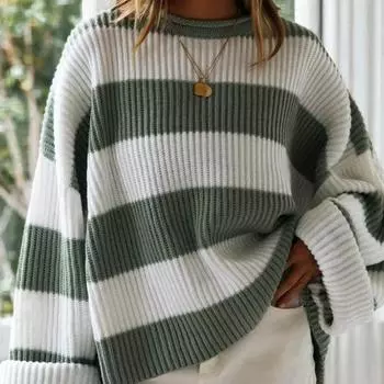 Осенний винтажный полосатый вязаный женский свитер с круглым вырезом, свободные пуловеры, женская зимняя одежда, мягкий теплый повседневный трикотаж 29423 S зелёный