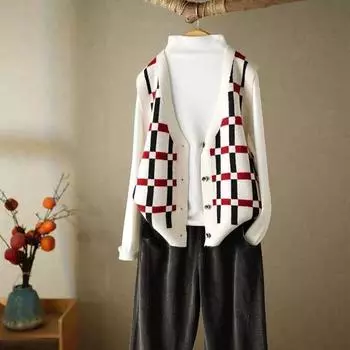 Осенний винтажный трикотажный жилет с V-образным вырезом, цветной клетчатый жилет без рукавов, женский повседневный жилет S белый