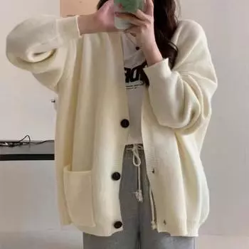 Осенний винтажный V-образный вырез свободный женский свитер куртка модный однотонный длинный рукав повседневные вязаные кардиганы женские зимние топы элегантный трикотаж пальто 24817 One Size белый