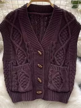 Осенний винтажный вязаный кардиган для пожилых женщин, шикарный дизайн, однобортный топ без рукавов, женская повседневная довольно свободная одежда, новая S серый