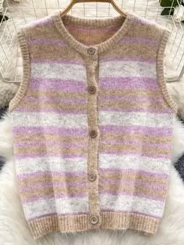 Осенний винтажный вязаный кардиган для пожилых женщин, шикарный дизайн, темперамент, полосатые топы, женская повседневная, довольно однотонная, свободная одежда, новая S чёрный