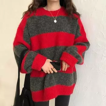 Осенний винтажный вязаный пуловер с круглым вырезом, женский свободный повседневный свитер в контрастную полоску, зимние теплые трикотажные джемперы 28594 One Size серый