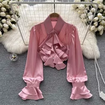 Осенний воротник с рюшами и объемными рукавами. Корейская версия французского ретро-дизайна. Тонкие и универсальные топы с атласной поверхностью.