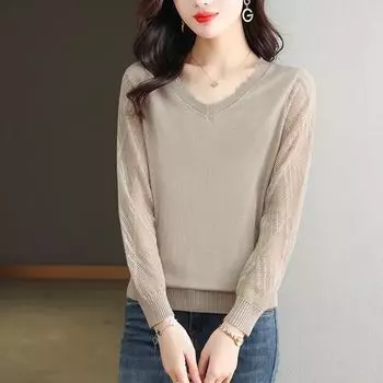 Осенний вязаный базовый свитер с кружевными рукавами для женщин среднего возраста, носящих тонкий свитер с V-образным вырезом S