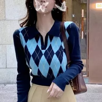 Осенний вязаный джемпер, свитер с v-образным вырезом, модный пуловер, свитер в консервативном стиле, женские свитера, нижняя одежда, Pull Femme 16474 OneSize тёмно-синий