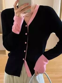 Осенний вязаный кардиган для девочек, лоскутный свитер с длинными рукавами, рубашки, женские вязаные топы контрастного цвета One Size синий