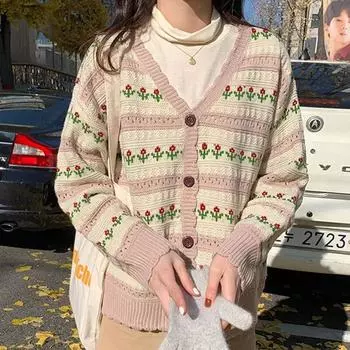 Осенний вязаный кардиган с цветочным принтом, женский свободный зимний корейский милый кардиган, трикотаж, теплые кардиганы с длинными рукавами 29159 One Size абрикосовый