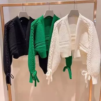 Осенний вязаный кардиган с длинными рукавами «летучая мышь», модный теплый свитер с v-образным вырезом на шнуровке, офисный трикотаж, короткое пальто, топы 28202 One Size зелёный