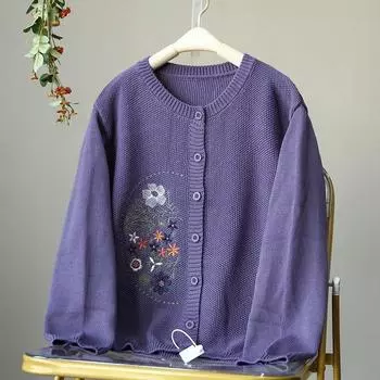 Осенний вязаный кардиган с длинными рукавами, женский вышитый свитер с круглым вырезом, универсальный художественный утягивающий жакет из хлопковой нити, повседневный топ S