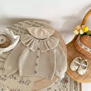 Осенний вязаный кардиган-свитер для девочек-малышей 2024 года с оборчатым воротником (0-3 года) Size 73