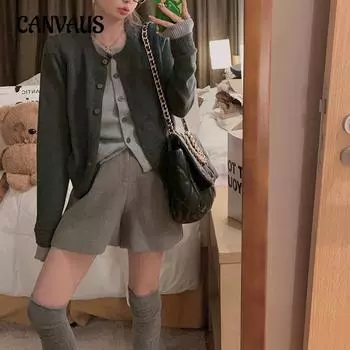 Осенний вязаный кардиган женский круглый вырез свитер куртка топ One Size серый