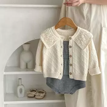 Осенний вязаный комплект для девочек из хлопка, детская куртка, рюкзак, комбинезон, модная детская однотонная одежда bafanou 83437+82102 66cm(3-6M) серый