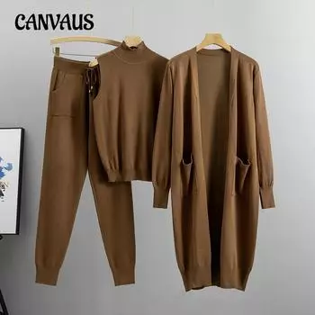 Осенний вязаный костюм-тройка, модный темпераментный костюм, повседневный вязаный кардиган, майка, брюки, костюм-тройка