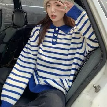 Осенний вязаный пуловер с воротником-поло, полосатый свитер, женский топ, студенческая одежда, корейский свободный пуловер с длинными рукавами для колледжа, свитер