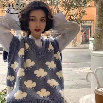 Осенний вязаный пуловер, свитер, жилет, женский свитер без рукавов с облачным принтом и v-образным вырезом, свободный вязаный жилет, верхняя зимняя одежда, женская 15990 XL синий