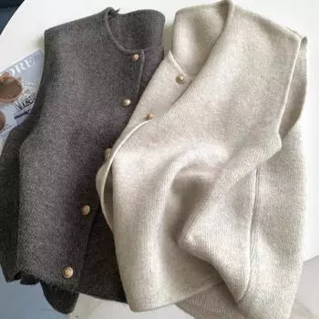 Осенний вязаный свитер без рукавов с круглым вырезом, жилет для женщин, модный однобортный зимний свитер, жилеты для женщин, элегантный простой теплый жилет 25851 One Size темно-серого