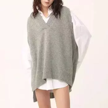 Осенний вязаный свитер без рукавов с v-образным вырезом, жилет, женский зимний корейский повседневный пуловер, свитера, однотонный свободный теплый вязаный жилет 29344 One Size серый