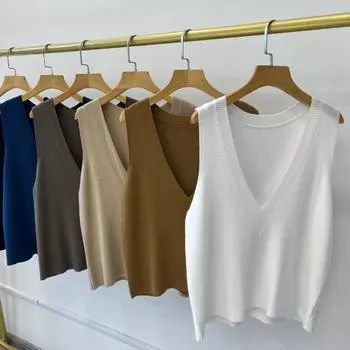 Осенний вязаный свитер без рукавов с V-образным вырезом, жилет для женщин, зимний свободный повседневный однотонный свитер, женский жилет, элегантный простой офисный женский жилет 25051 One Size белый