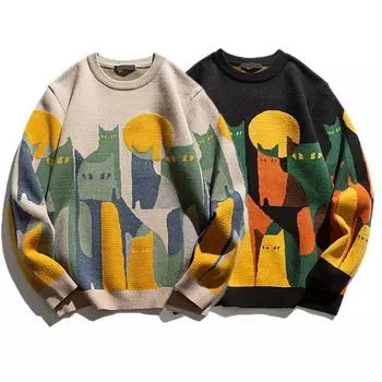 Осенний вязаный свитер для мужчин и женщин, зимний свитер Harajuku с рисунком кота, винтажный повседневный свободный свитер для улицы XXXL чёрный