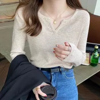 Осенний вязаный свитер с длинным рукавом и V-образным вырезом для женщин, зимний облегающий однотонный пуловер, свитера, топы, элегантный повседневный теплый модный трикотаж 24877 One Size чёрный