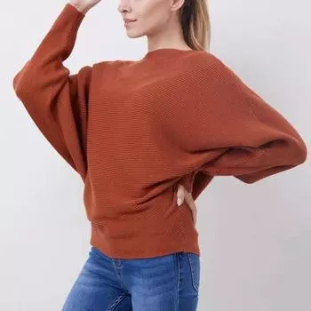 Осенний вязаный свитер с длинными рукавами «летучая мышь», повседневный однотонный теплый пуловер с вырезом в горловине, модные 18 цветов, свободные джемперы, топы 29626 One Size бордовый